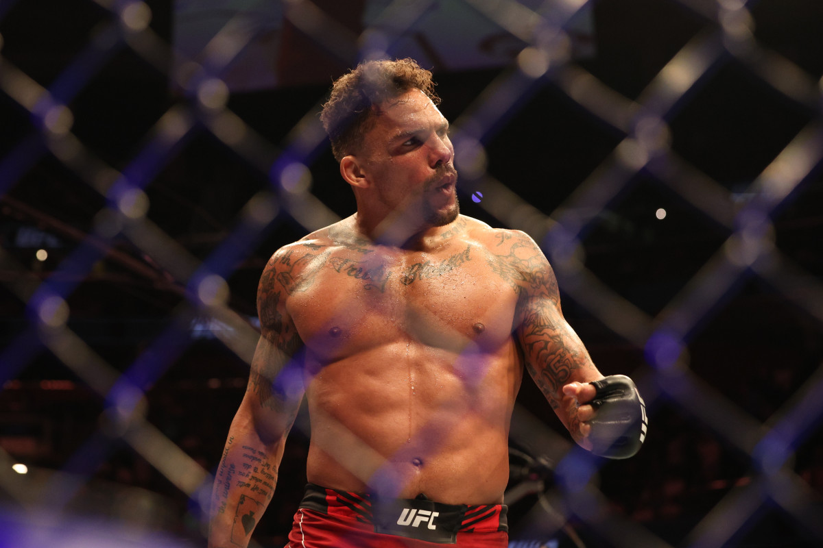 Dec 3, 2022; Orlando, Florida, USA; Eryk Anders (red gloves) reacts after fighting Kyle Daukaus (blue gloves) during UFC Fight Night at Amway Center. Mandatory Credit: Nathan Ray Seebeck-USA TODAY Sports